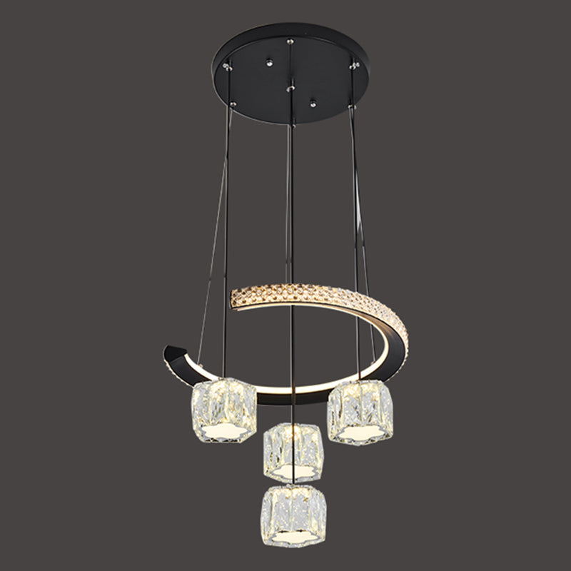 Black Circular Cluster Pendant Modern 5-Light Crystal LED Suspension Lamp for Dining Room