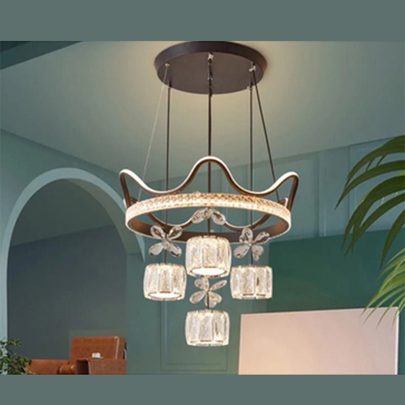 Black Circular Cluster Pendant Modern 5-Light Crystal LED Suspension Lamp for Dining Room