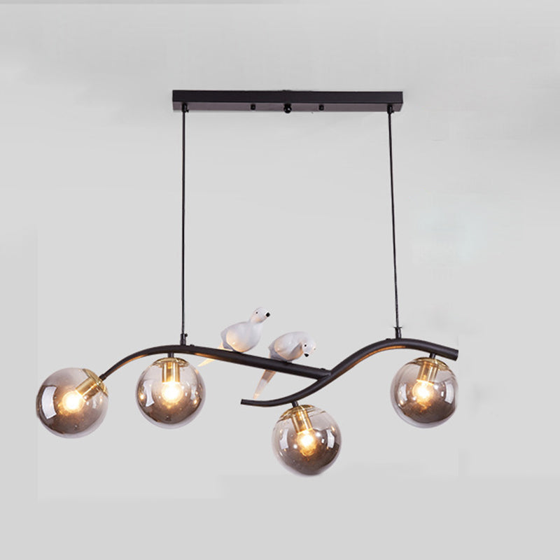 4-lights Branches Glass Orb Island Light Nordic Style Decorative Birds Design Dining Room Lighting Fixture