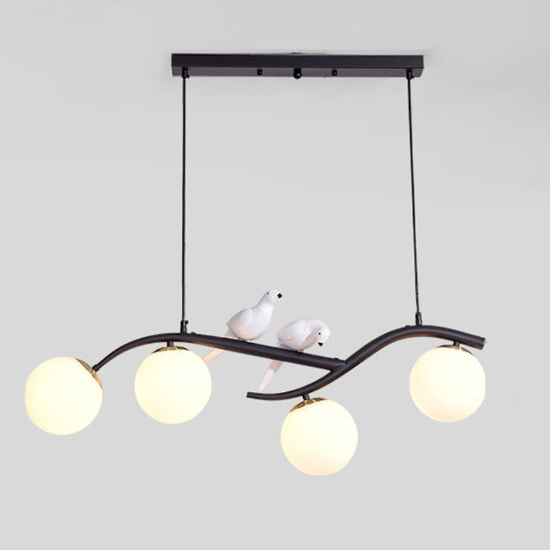 4-lights Branches Glass Orb Island Light Nordic Style Decorative Birds Design Dining Room Lighting Fixture