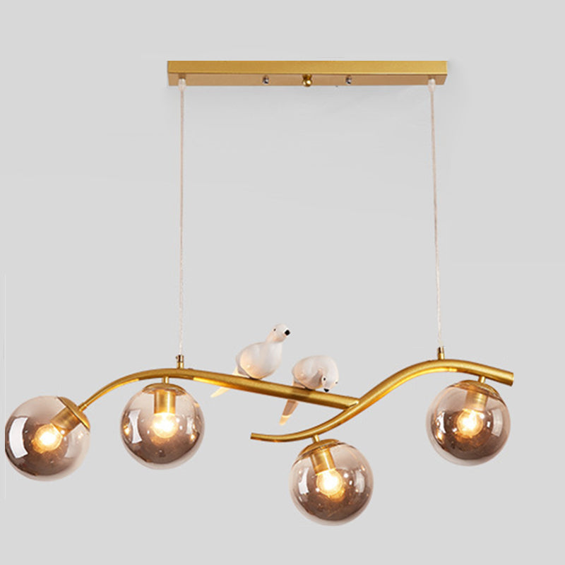 4-lights Branches Glass Orb Island Light Nordic Style Decorative Birds Design Dining Room Lighting Fixture