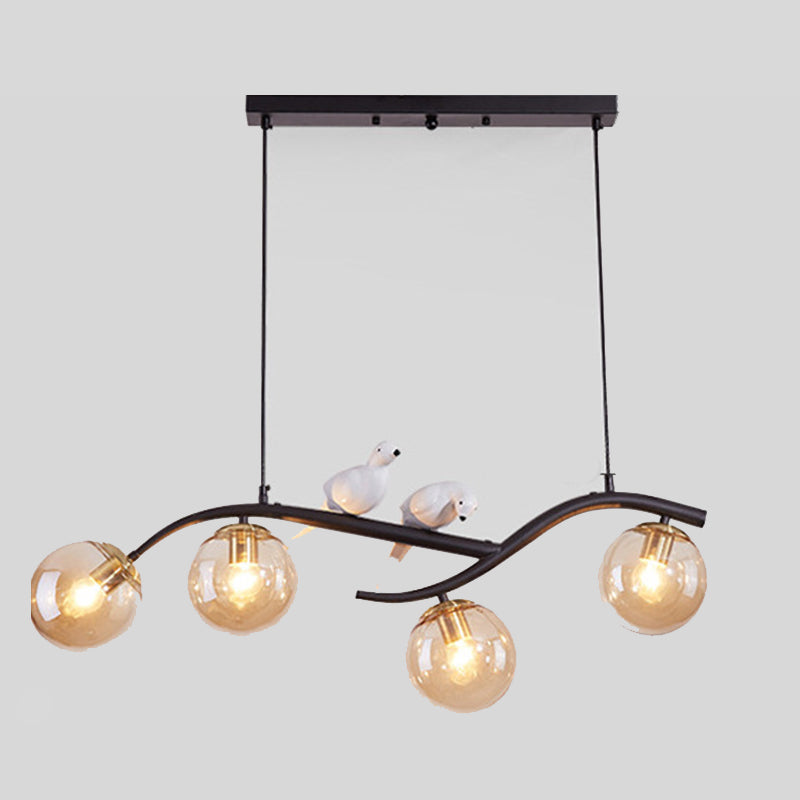 4-lights Branches Glass Orb Island Light Nordic Style Decorative Birds Design Dining Room Lighting Fixture