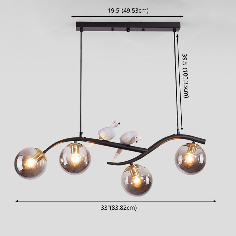 4-lights Branches Glass Orb Island Light Nordic Style Decorative Birds Design Dining Room Lighting Fixture