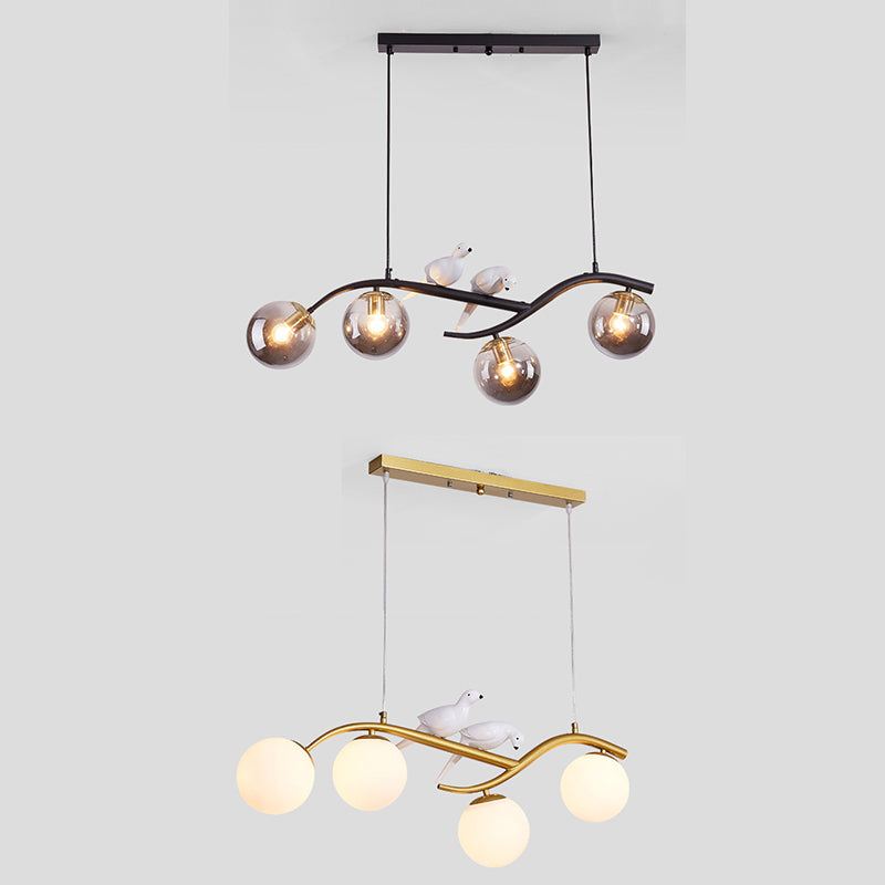 4-lights Branches Glass Orb Island Light Nordic Style Decorative Birds Design Dining Room Lighting Fixture