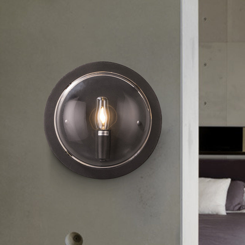 Metal Drum Flush Mount Lighting Retro 1 Light Living Room Wall Sconce Lamp in Black with Clear Glass Shade