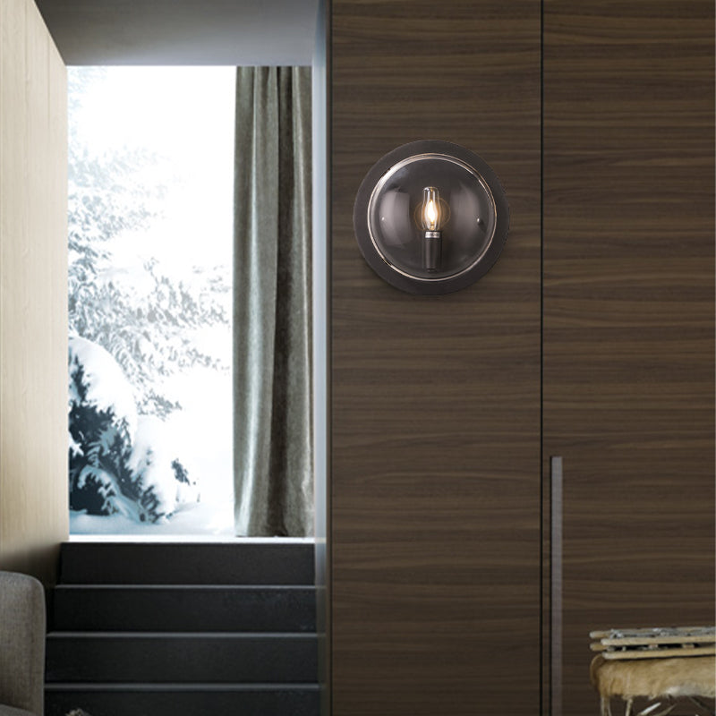 Metal Drum Flush Mount Lighting Retro 1 Light Living Room Wall Sconce Lamp in Black with Clear Glass Shade