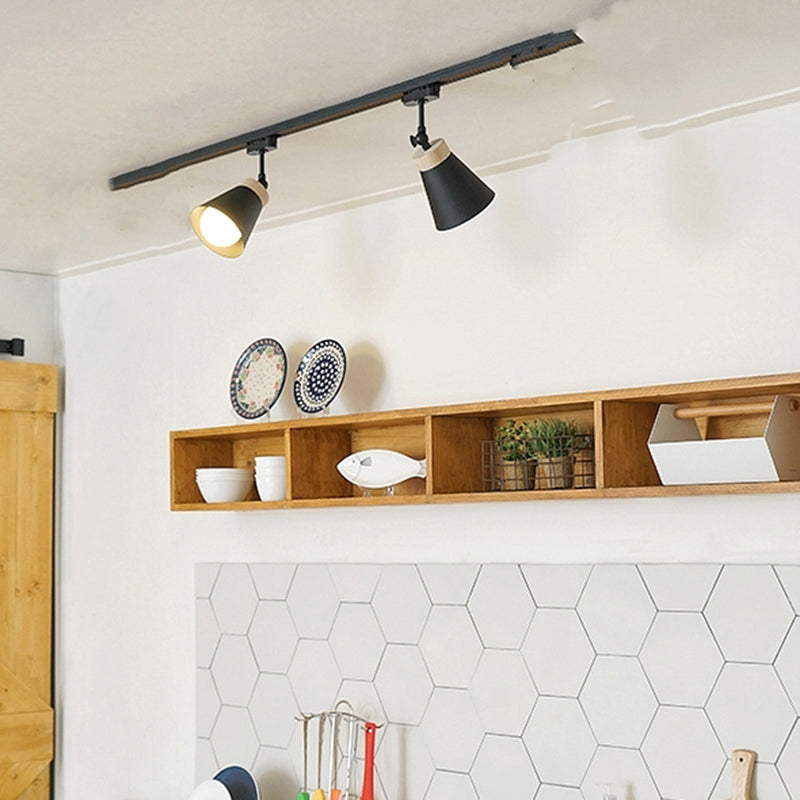 Nordic Modern Ceiling Track Lighting Cone Shaped Shade Solid Wood Spotlight for Living Room Background Wall and Clothing Store