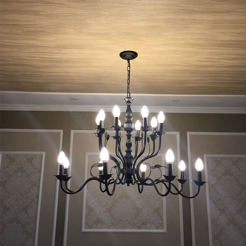 2-Layers Traditional Style Candlestick Styling Chandelier Black Wrought Iron Vintage Lighting Fixture for Living Room