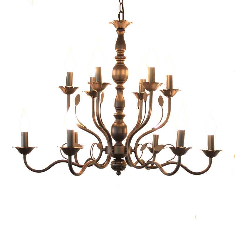 2-Layers Traditional Style Candlestick Styling Chandelier Black Wrought Iron Vintage Lighting Fixture for Living Room