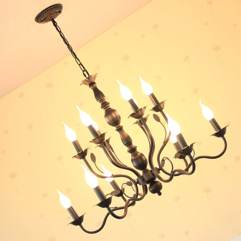 2-Layers Traditional Style Candlestick Styling Chandelier Black Wrought Iron Vintage Lighting Fixture for Living Room