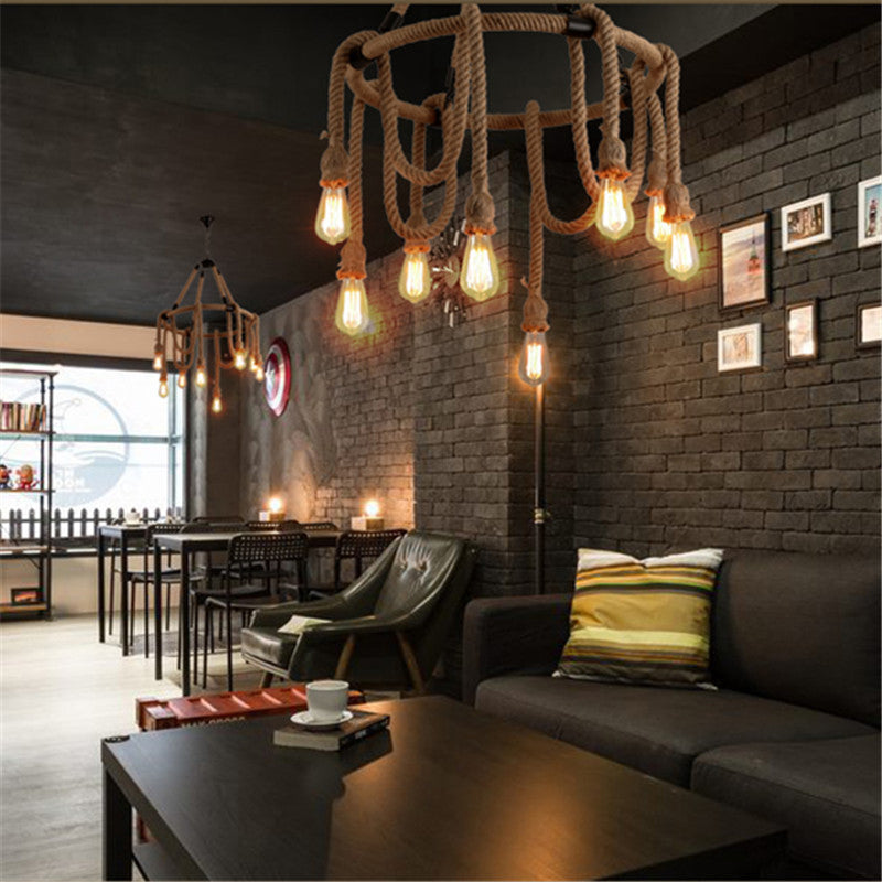 Araña de cáñamo de estilo industrial múltiples luces múltiples accesorio de iluminación de diseño de bomba abierta vintage