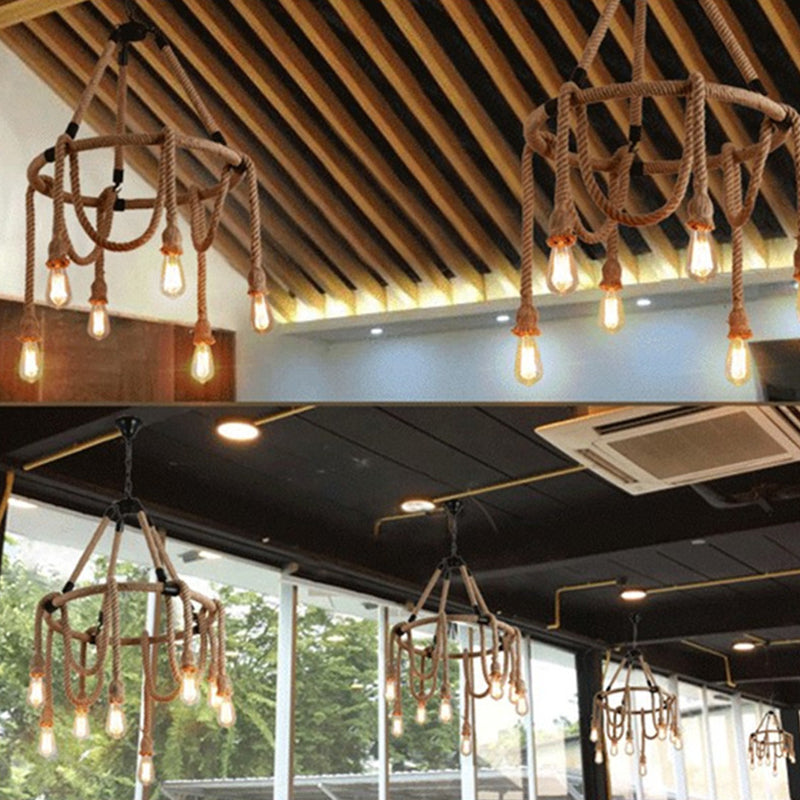 Araña de cáñamo de estilo industrial múltiples luces múltiples accesorio de iluminación de diseño de bomba abierta vintage