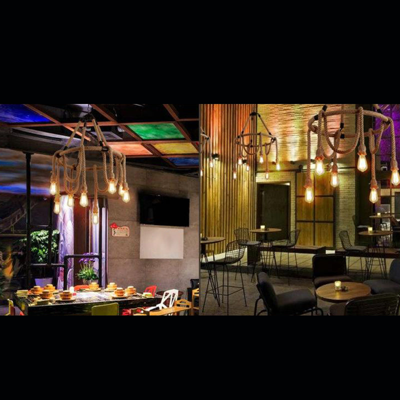 Araña de cáñamo de estilo industrial múltiples luces múltiples accesorio de iluminación de diseño de bomba abierta vintage