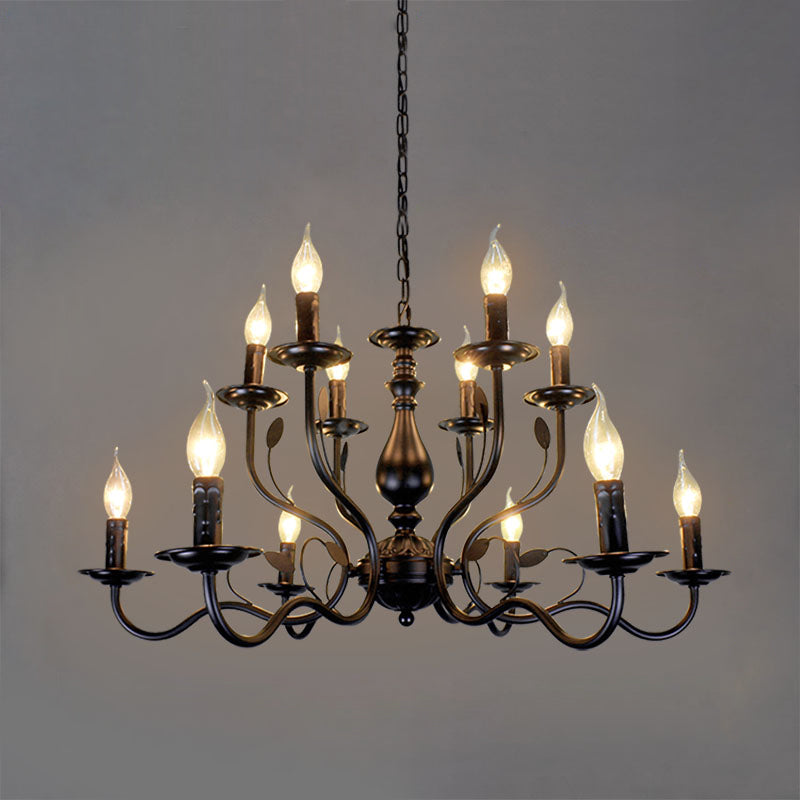 2-Layers Living Room Large Chandelier Traditional Style Candlestick Styling Wrought Iron Lighting Fixture in Black