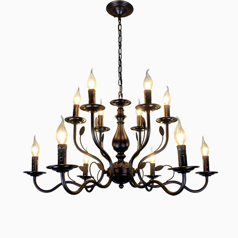 2-Layers Living Room Large Chandelier Traditional Style Candlestick Styling Wrought Iron Lighting Fixture in Black