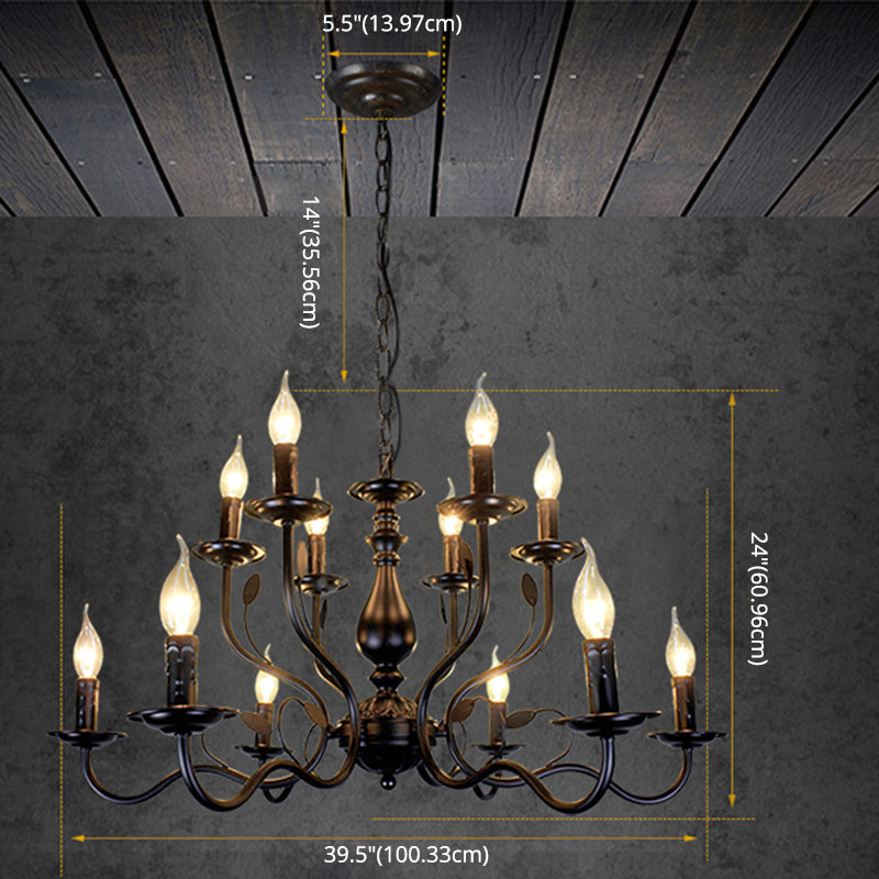 2-Layers Living Room Large Chandelier Traditional Style Candlestick Styling Wrought Iron Lighting Fixture in Black