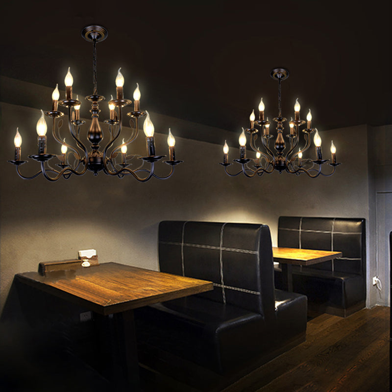 2-Layers Living Room Large Chandelier Traditional Style Candlestick Styling Wrought Iron Lighting Fixture in Black