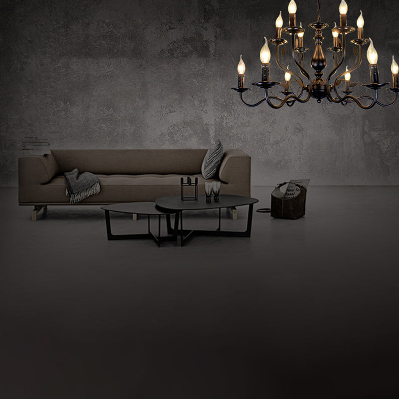 2-Layers Living Room Large Chandelier Traditional Style Candlestick Styling Wrought Iron Lighting Fixture in Black