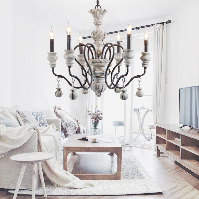 Rustic Style Traditional Candlestick Styling Chandelier Hand-carved Resin Suspension Lighting Fixture for Dining Room
