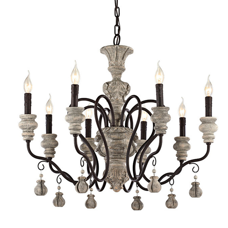 Rustic Style Traditional Candlestick Styling Chandelier Hand-carved Resin Suspension Lighting Fixture for Dining Room