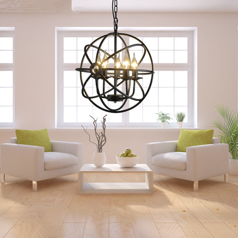 Retro Industrial Style Metal Chandelier Round Iron Frame Candlestick Hanging Light in Black