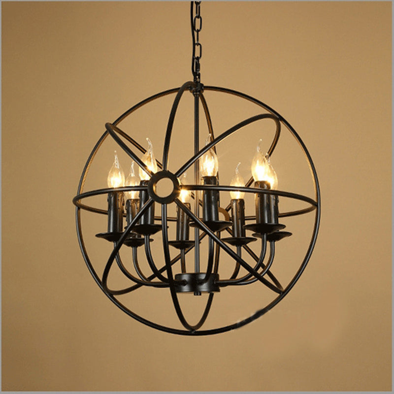 Retro Industrial Style Metal Chandelier Round Iron Frame Candlestick Hanging Light in Black