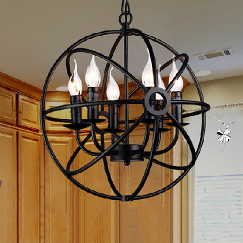 Retro Industrial Style Metal Chandelier Round Iron Frame Candlestick Hanging Light in Black