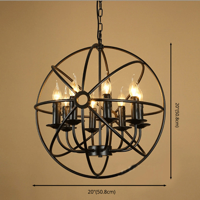 Retro Industrial Style Metal Chandelier Round Iron Frame Candlestick Hanging Light in Black