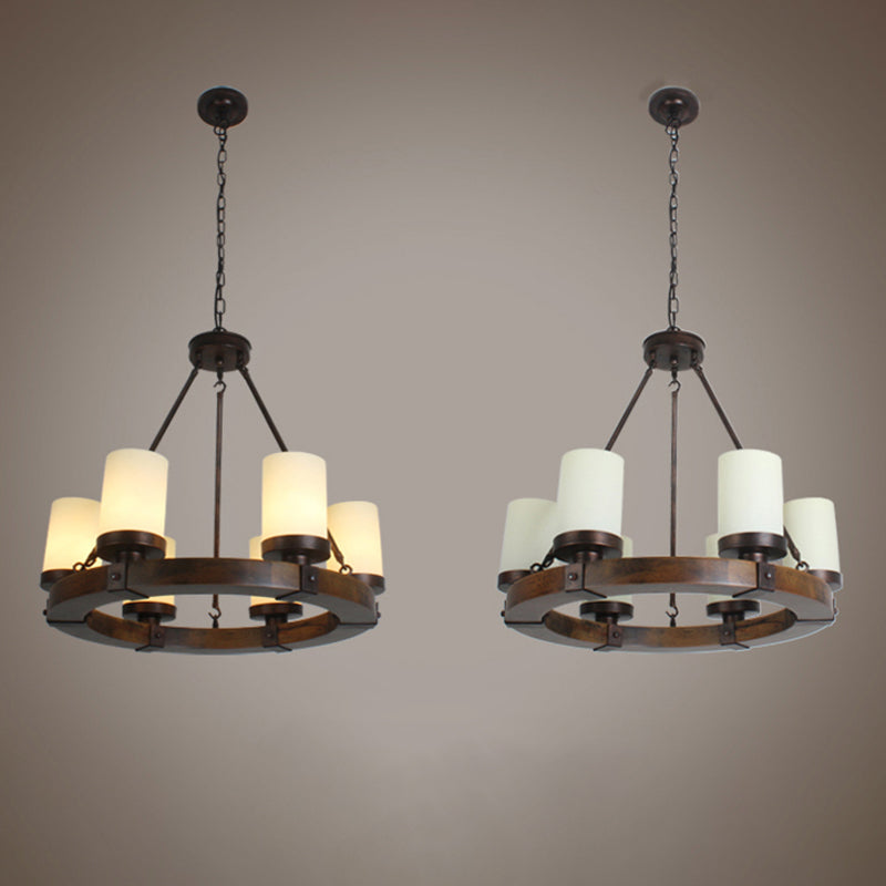 Round Solid Wood Rustic Style Chandelier Cylindrical White Glass Shade Dining Room Lighting Fixture