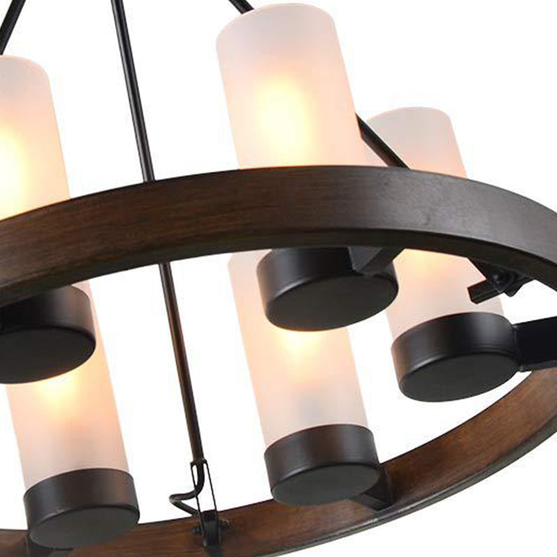 6 têtes Cylindre Éclairage de lustre traditionnel Black Grosted White Verre suspension suspension avec conception de roue