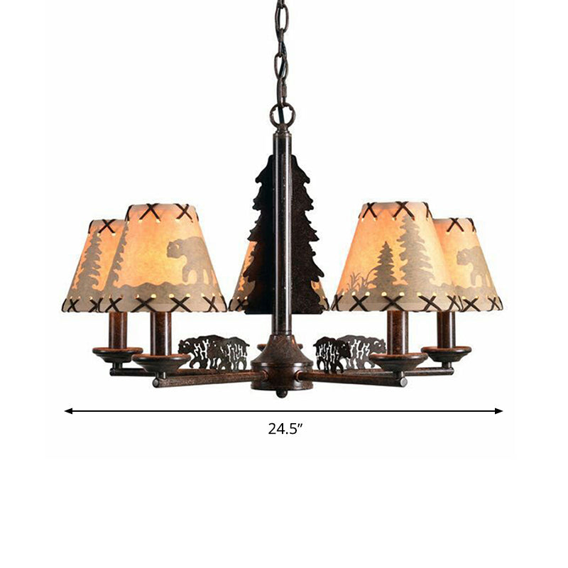 Cone Metal Chandelier Lighting Fixture Rural 5 Heads Dining Room Hanging Ceiling Light in Black with Beige Fabric Shade