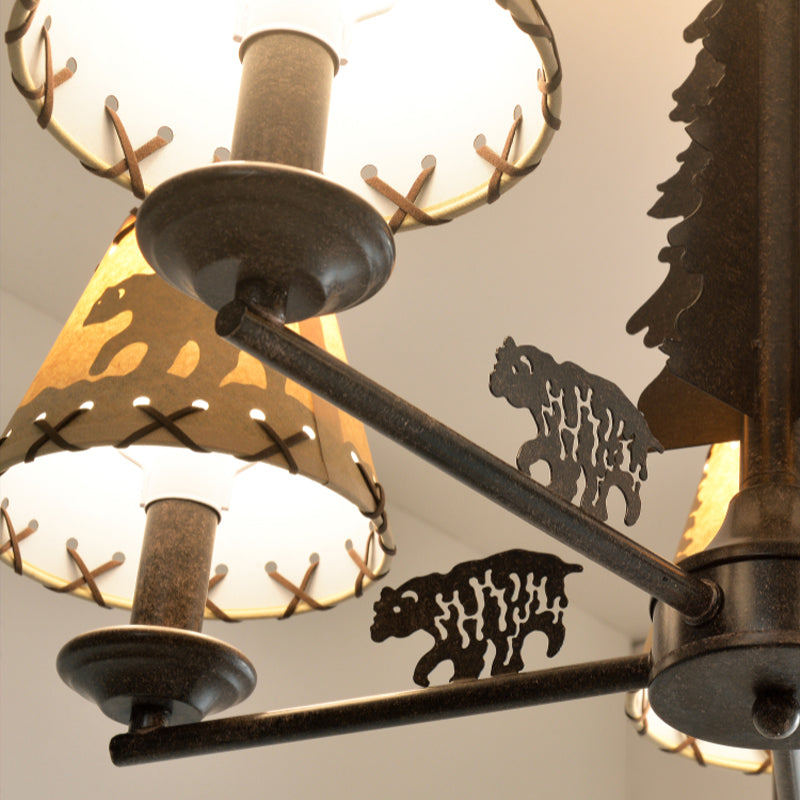 Cone Metal Chandelier Lighting Fixture Rural 5 Heads Dining Room Hanging Ceiling Light in Black with Beige Fabric Shade