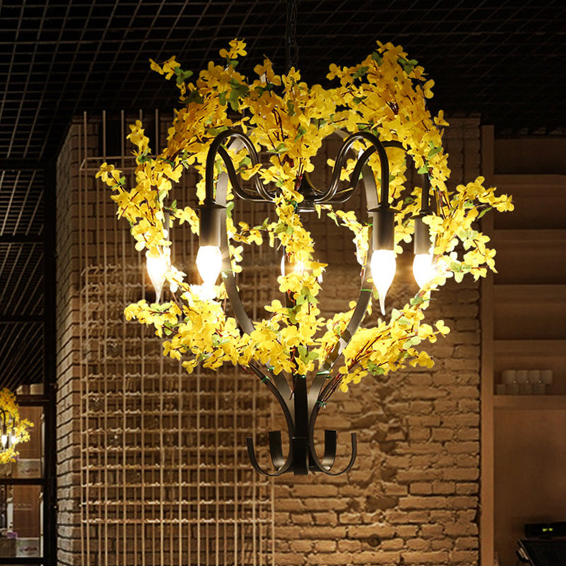 5 cabezas Candelier de colgante de hierro Canasta de flores negras tradicionales Compensión de techo de suspensión de restaurante