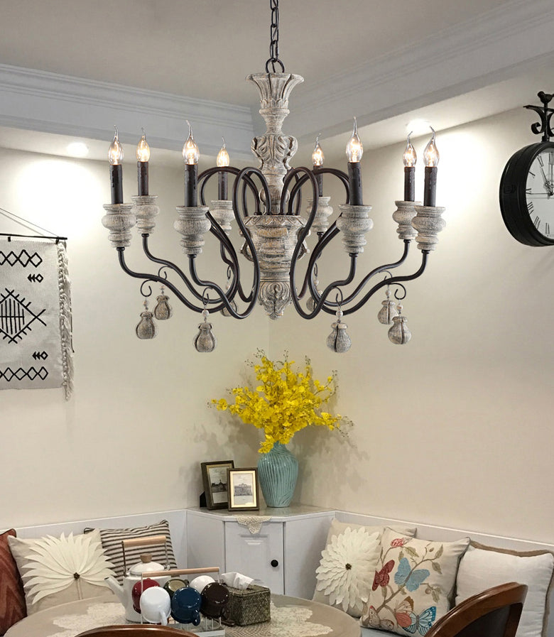 Rustic Style Traditional Candlestick Styling Chandelier Hand-carved Resin Suspension Lighting Fixture for Dining Room