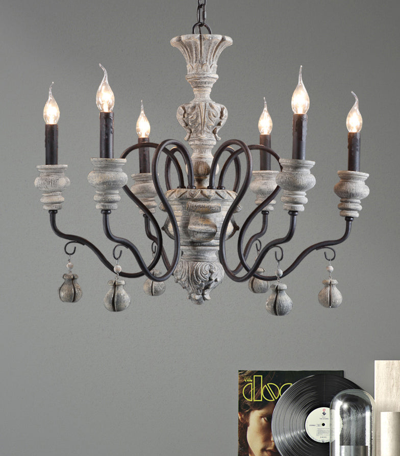 Rustic Style Traditional Candlestick Styling Chandelier Hand-carved Resin Suspension Lighting Fixture for Dining Room