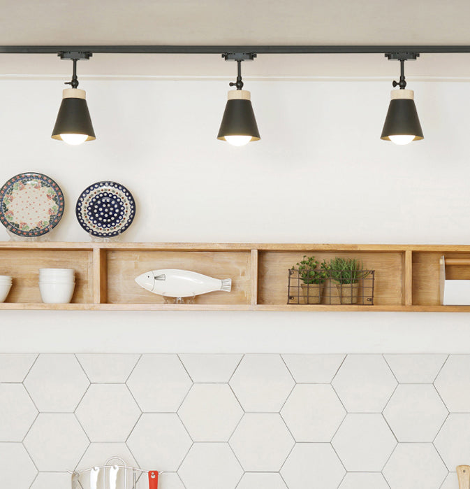 Nordic Modern Ceiling Track Lighting Cone Shaped Shade Solid Wood Spotlight for Living Room Background Wall and Clothing Store