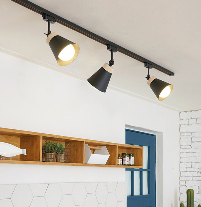 Nordic Modern Ceiling Track Lighting Cone Shaped Shade Solid Wood Spotlight for Living Room Background Wall and Clothing Store