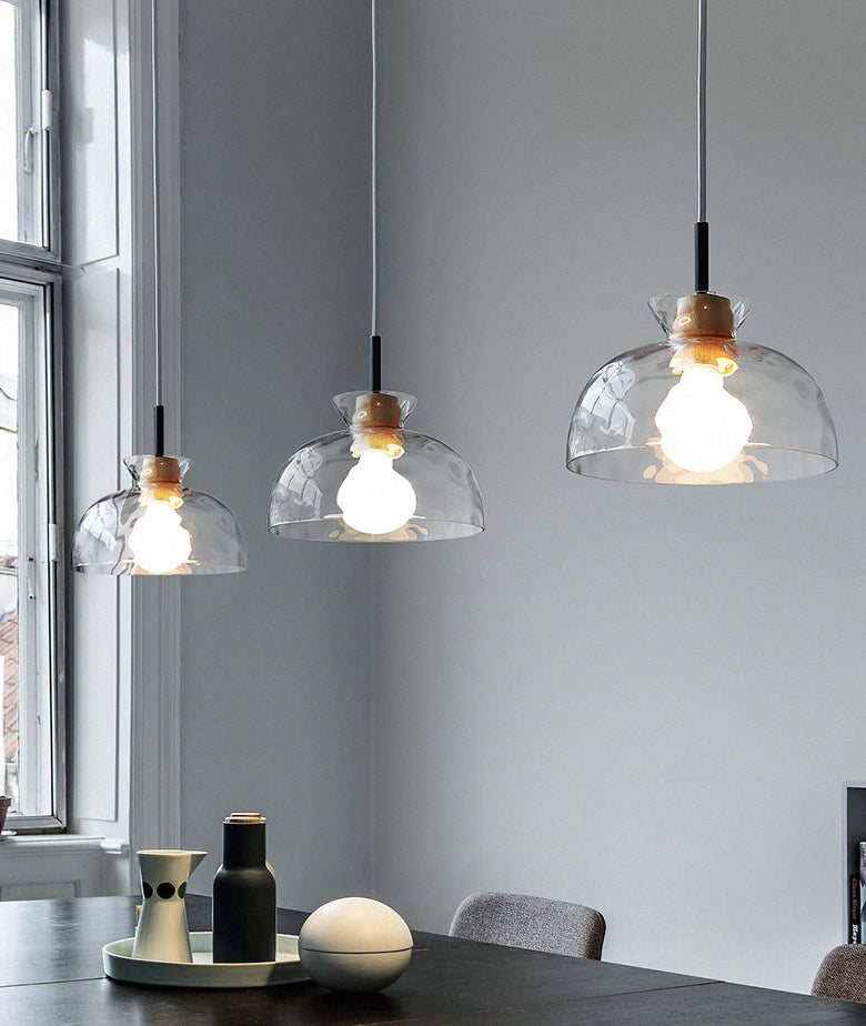Clear Rippled Glass Shaded Pendant Nordic 1 Head Wood Suspension Light for Dining Room