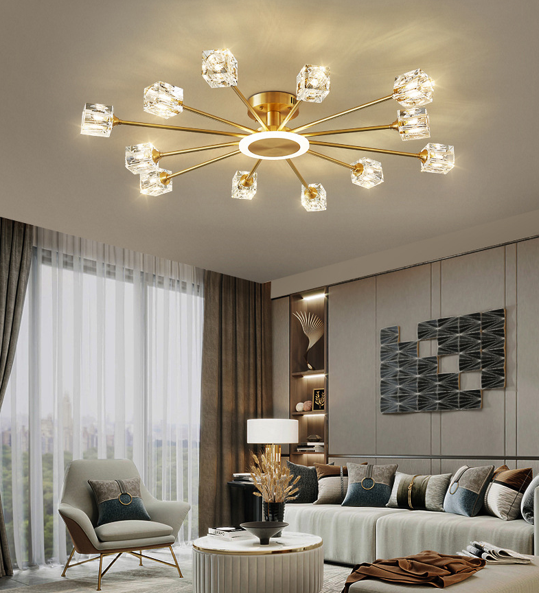 Square Crystal Shade Semi Flush Mount in Modern Luxury Style Sputnik Metal Ceiling Light for Living Room