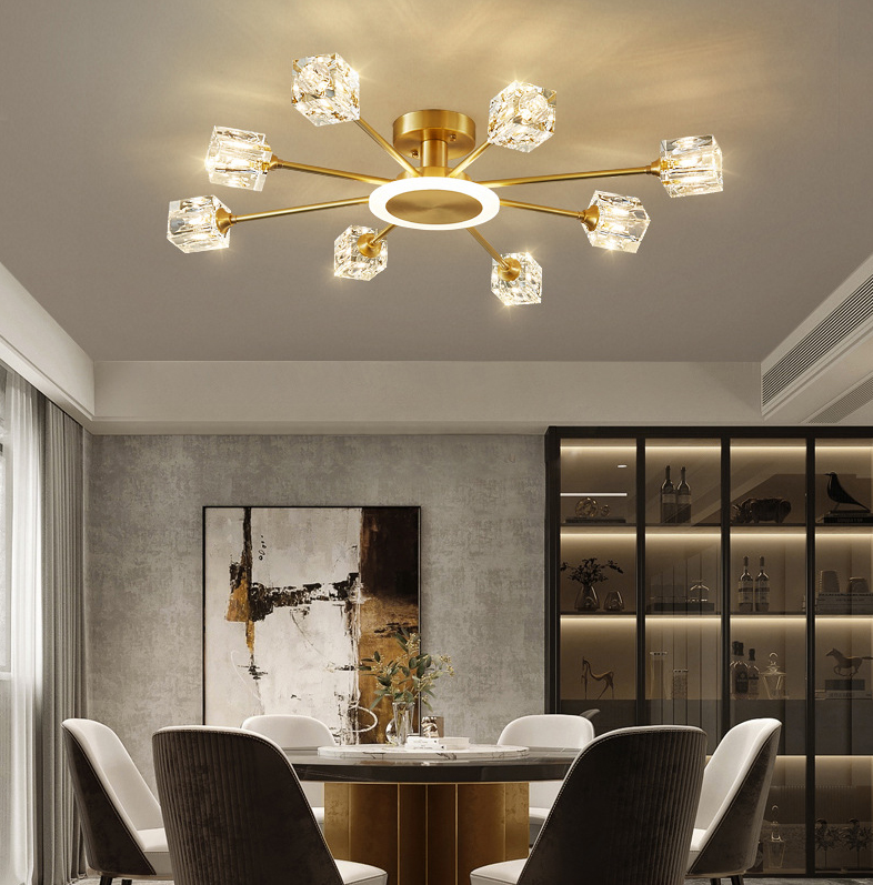 Square Crystal Shade Semi Flush Mount in Modern Luxury Style Sputnik Metal Ceiling Light for Living Room
