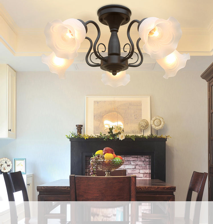 Lámpara de techo de vidrio blanco esmerilado con montaje semi empotrado floral de estilo campestre para comedor