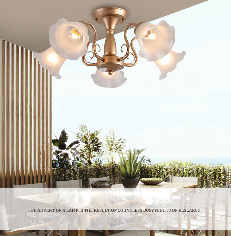 Country Style Floral Semi Flush Mount Frosted White Glass Ceiling Lamp for Dining Room