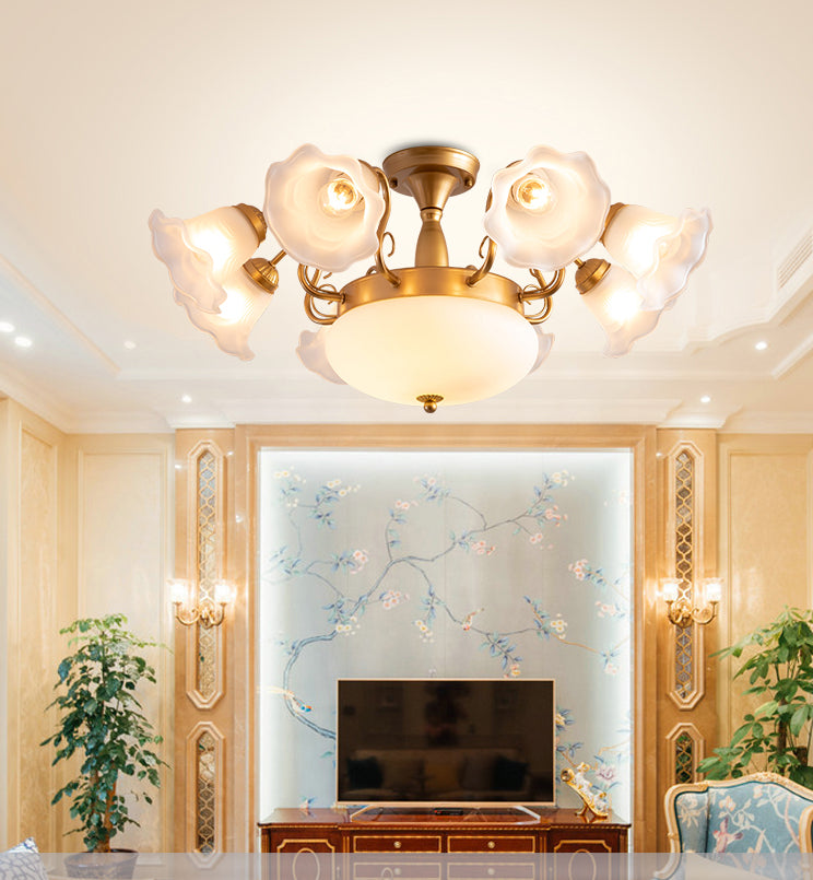 Country Style Floral Semi Flush Mount Frosted White Glass Ceiling Lamp for Dining Room