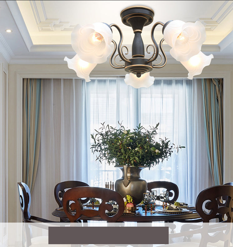 Country Style Floral Semi Flush Mount Frosted White Glass Ceiling Lamp for Dining Room