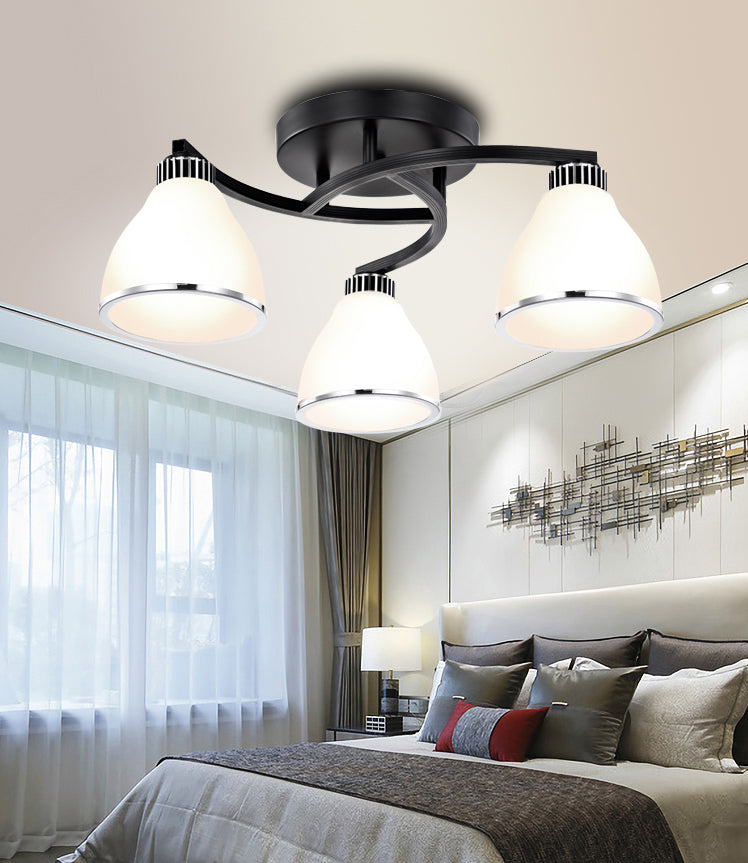 Modern Bell Shaped Flush Lamp White Glass Living Room Semi Flush Ceiling Light in Black