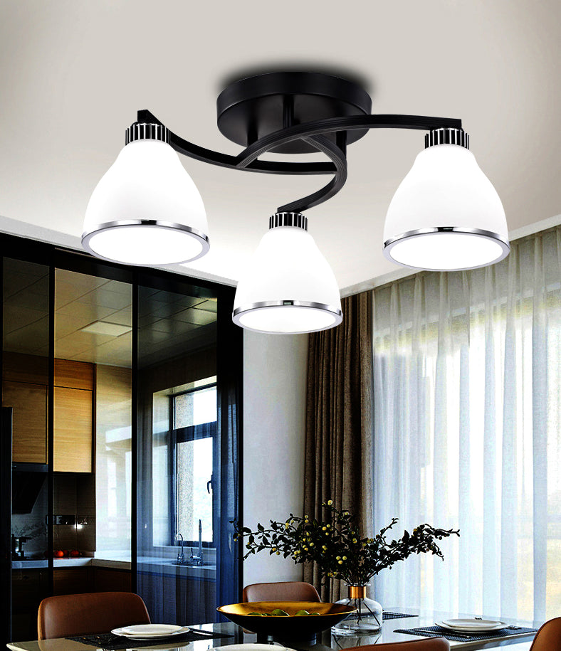 Modern Bell Shaped Flush Lamp White Glass Living Room Semi Flush Ceiling Light in Black