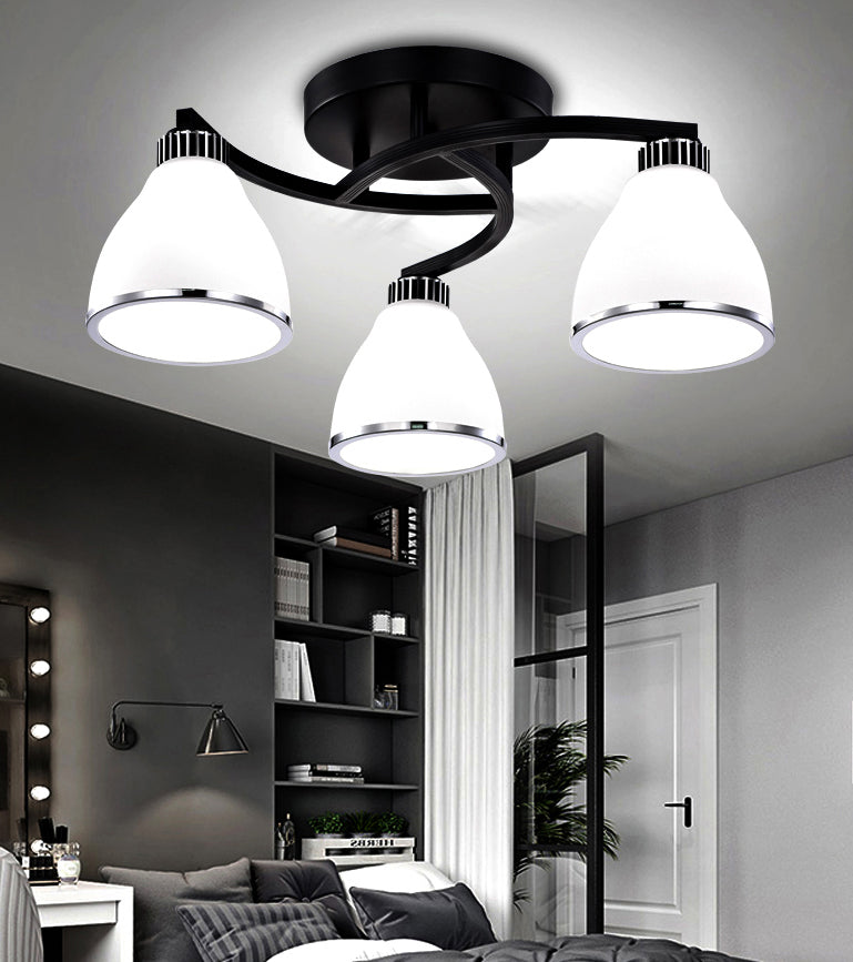 Modern Bell Shaped Flush Lamp White Glass Living Room Semi Flush Ceiling Light in Black