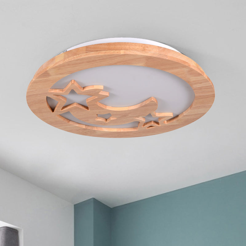 Geschnitzte Mond und Stern Deckenleuchte Zeitgenössische Natürliche Holz LED Foyer Flush Mount Licht