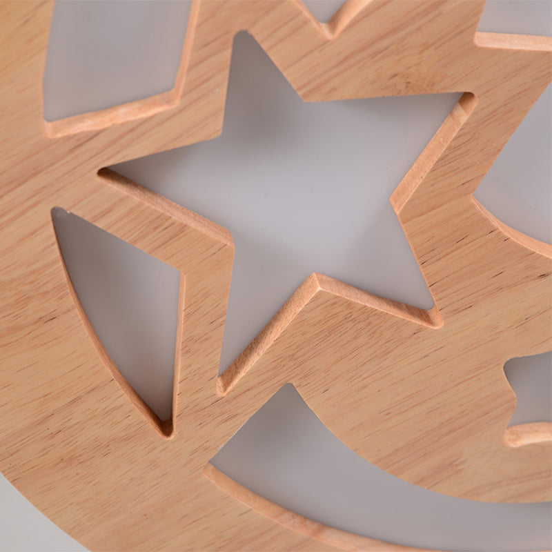 Geschnitzte Mond und Stern Deckenleuchte Zeitgenössische Natürliche Holz LED Foyer Flush Mount Licht