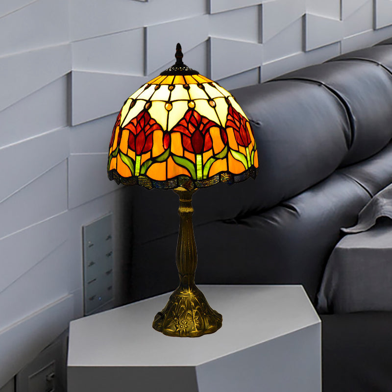 Flower Stain Glass Table Lamp Tiffany Style 1 Light Brass Nightstand Light for Bedroom